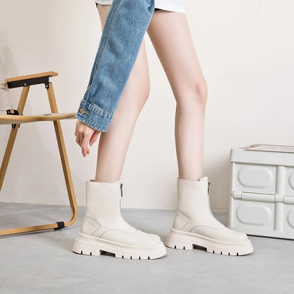 Damen Chelsea-Boots aus Leder, hellbeige, seitlicher Reißverschluss, dicker Sohlenblock