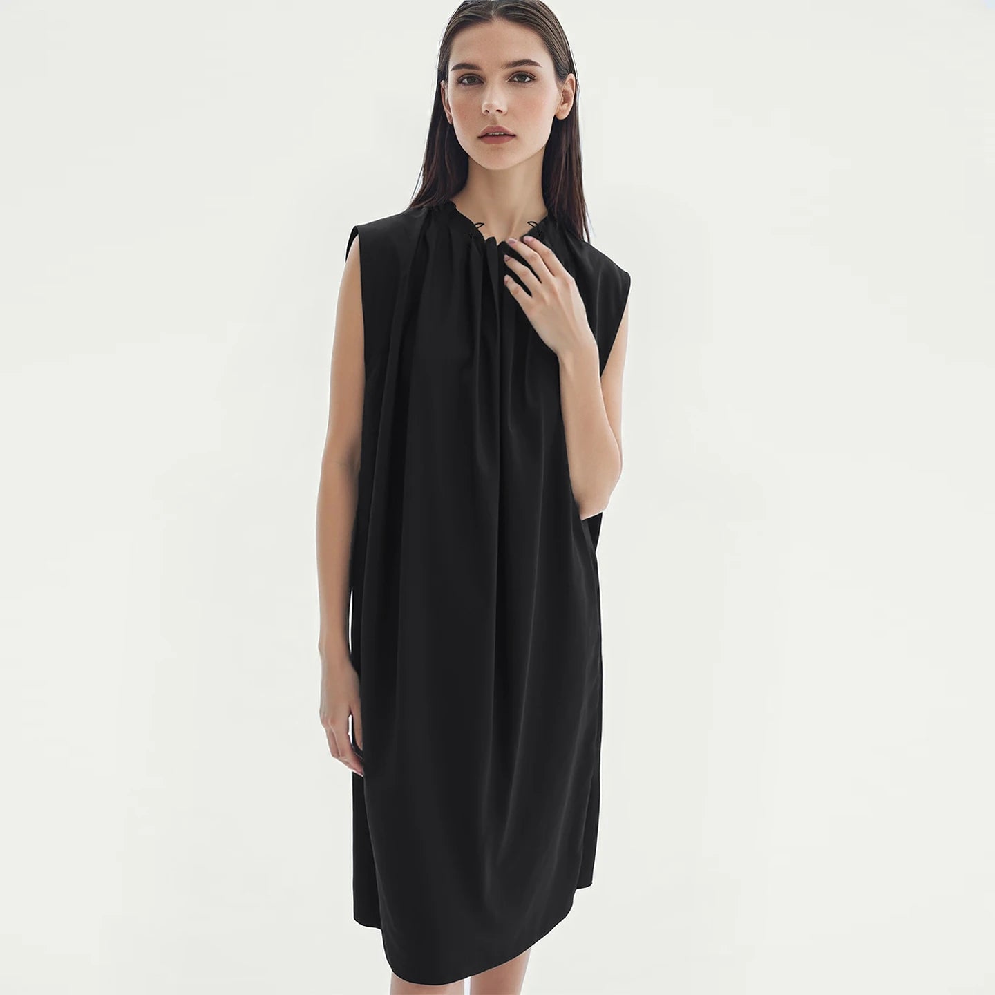 Elegantes Ärmelloses Baumwolle Kleid Mit Kordelzug Für Damen