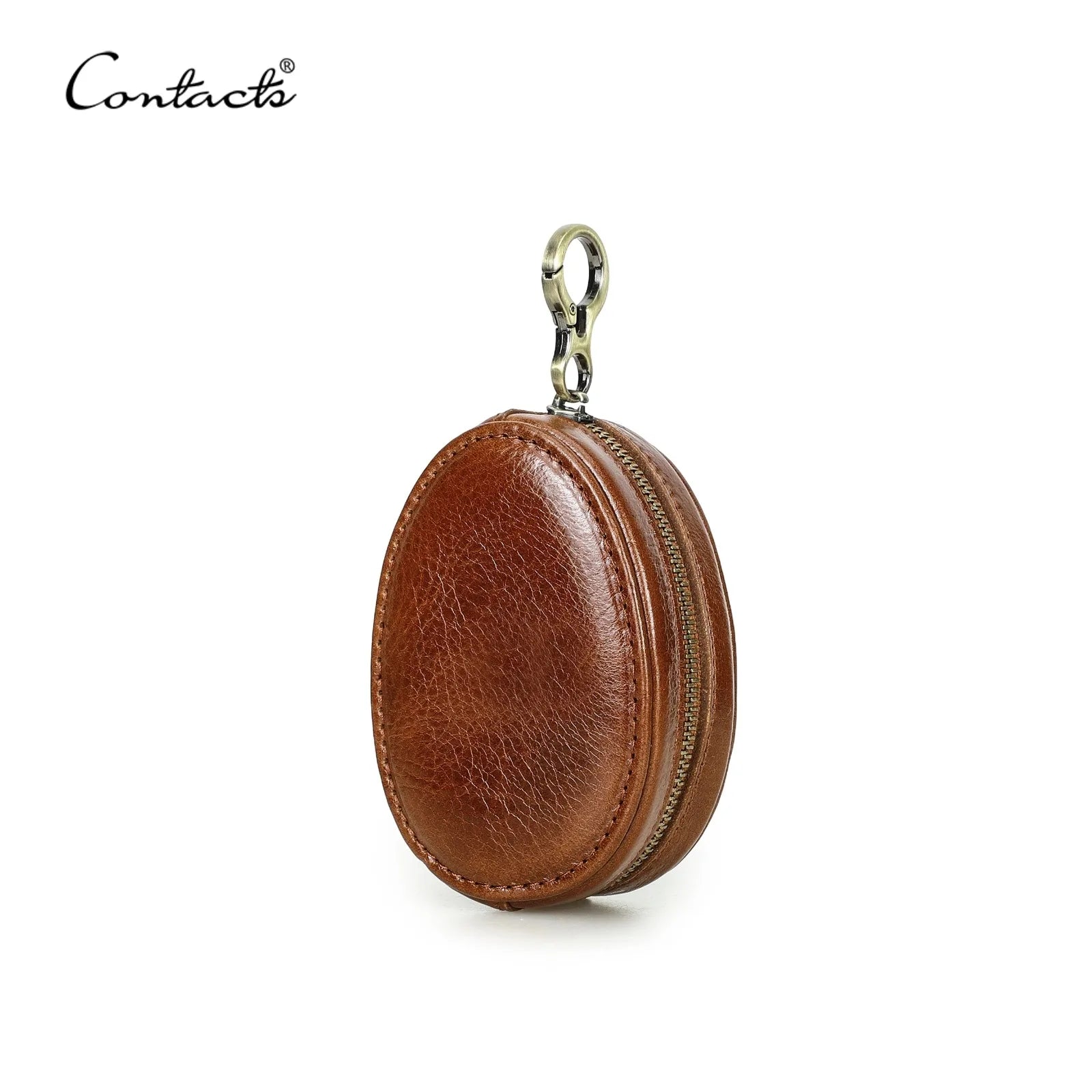 Contacts Mini-Geldbörse aus Echtleder, ovale Schlüssel-/Münztasche in Kaffee mit Metallring