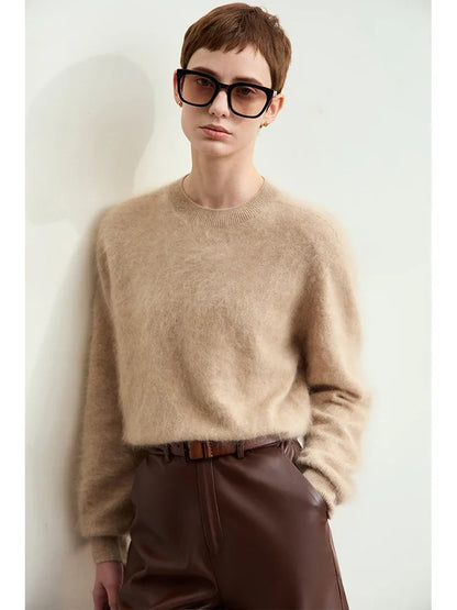 Damen-Kaschmirpullover mit O-Ausschnitt, lange Ärmel, karamellbraun, lockere Passform