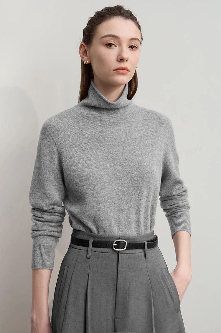 Damenpullover mit Rollkragen, lange Ärmel, melierte graue Strickoptik