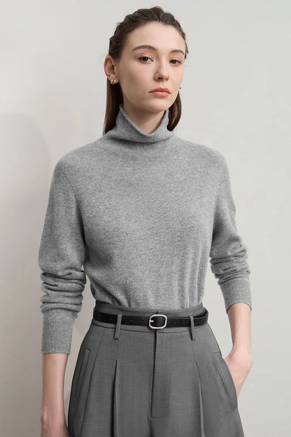 Damenpullover mit Rollkragen, lange Ärmel, melierte graue Strickoptik