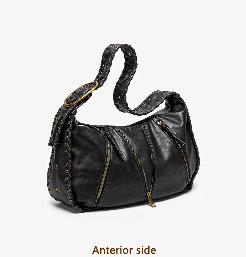 Damen-Hobo-Handtasche Vintage-Stil aus weichem Kunstleder mit geflochtenem Tragegurt und Mehrfach-Reißverschlussfächern