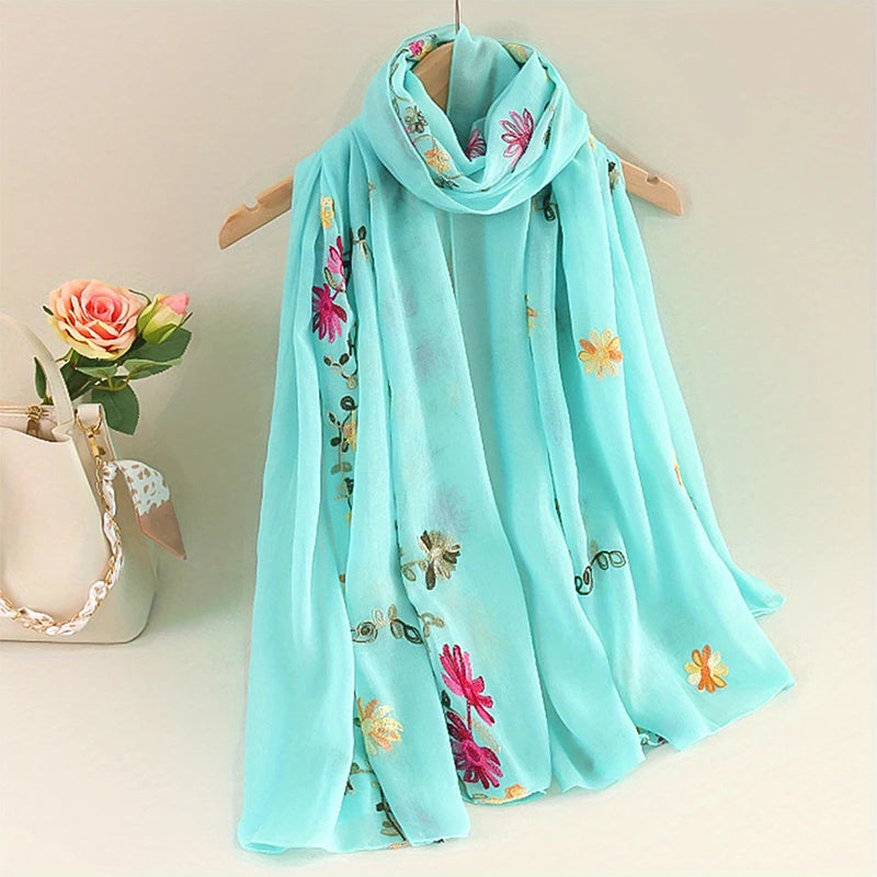 Damen Baumwoll Leinen Schal Farbverlauf Stickerei Bandana Hijab Sommer Sonnenschutz