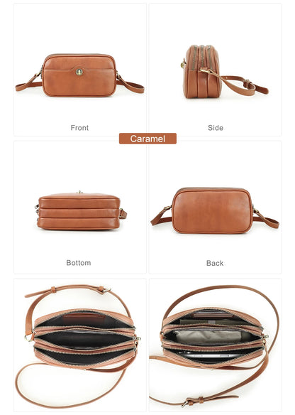 Kleine Schultertasche aus Echtleder in Karamell mit Reißverschluss, mehrere Ansichten