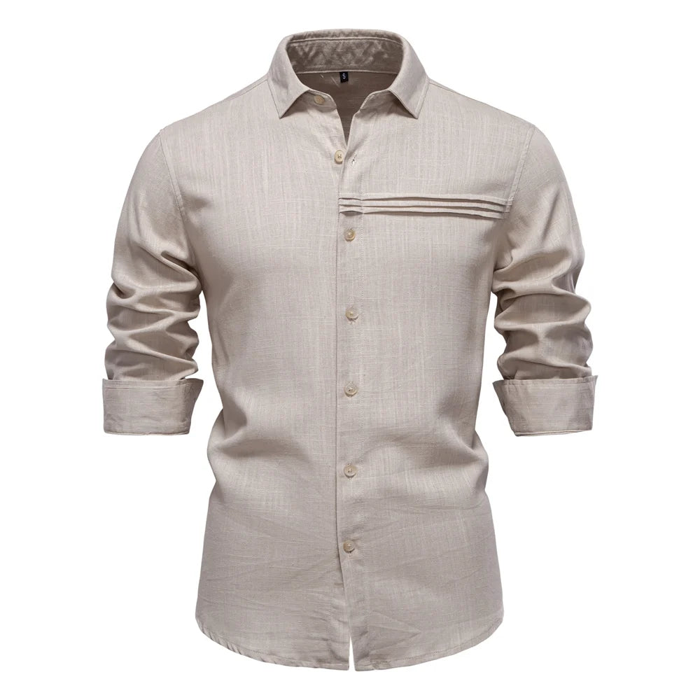 Herren-Leinenhemd mit Button-Down-Kragen, langarm, einfarbig, hellbeige
