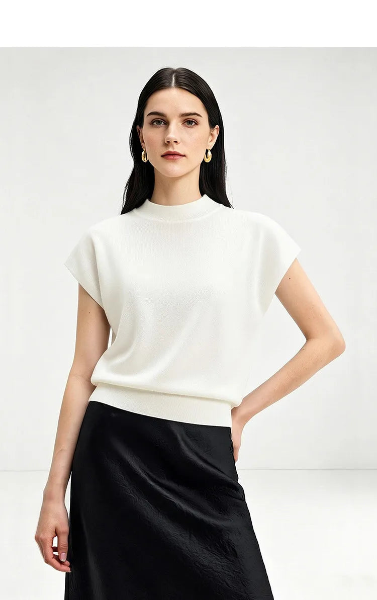 Damen-Crop-Strickpullover mit Stehkragen und kurzen Ärmeln, einfarbig, hell