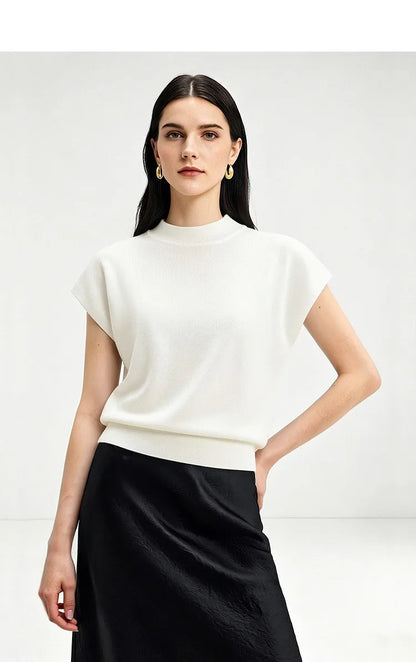 Damen-Crop-Strickpullover mit Stehkragen und kurzen Ärmeln, einfarbig, hell