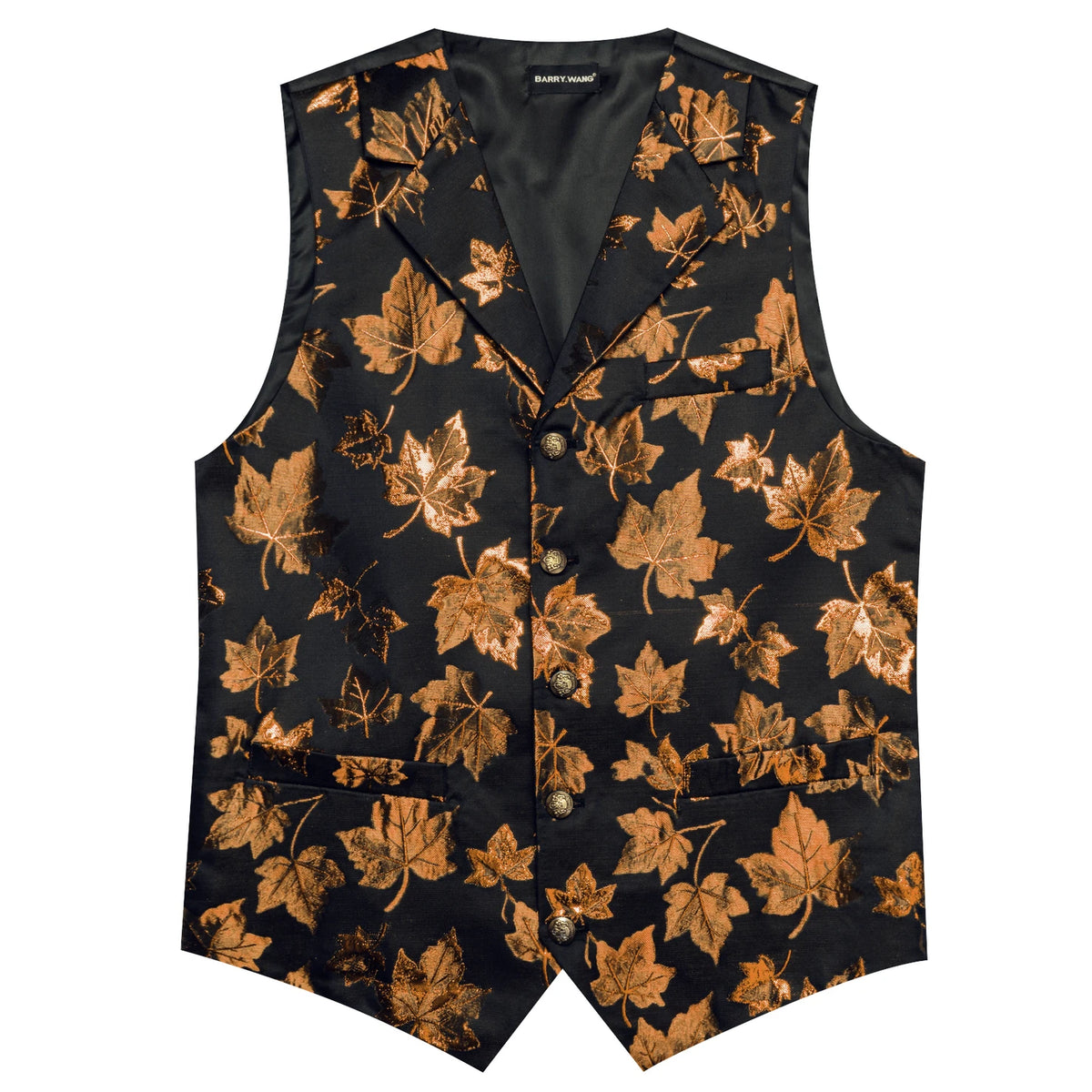 Herrenweste mit V-Ausschnitt und Jacquard-Ahornblattmuster in Schwarz und Gold