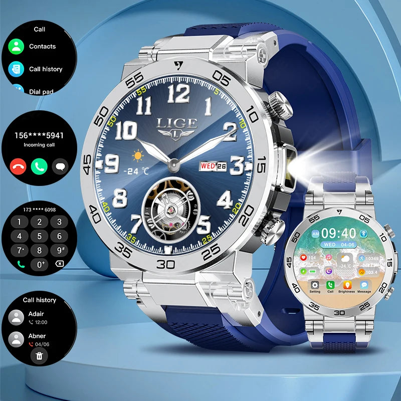 LIGE 2025 Neue Taschenlampe Smartwatch Wasserdicht 100 + Sport Herzfrequenz Blut Sauerstoff BT Anruf Outdoor Smart Uhr Für Android iOS