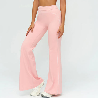 Damen-Yogahose hohe Taille, hellrosa, locker schwingender Schlag mit Zierlinien