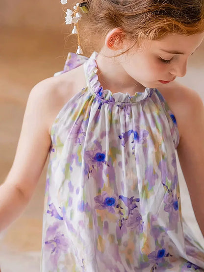 Sommerliches Mädchenkleid aus 100% Baumwolle mit kurzen Ärmeln und Tulpenblumenmuster – niedliche Freizeitkleidung für Kinder von 3 bis 14 Jahren