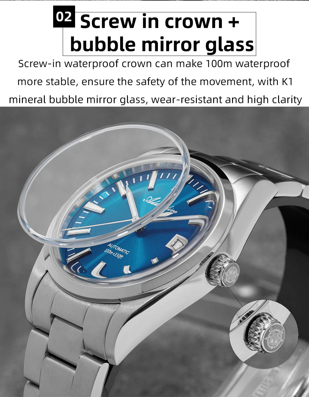 Herren-Automatikuhr mit Bubble-Glas und NH35A-Automatikwerk