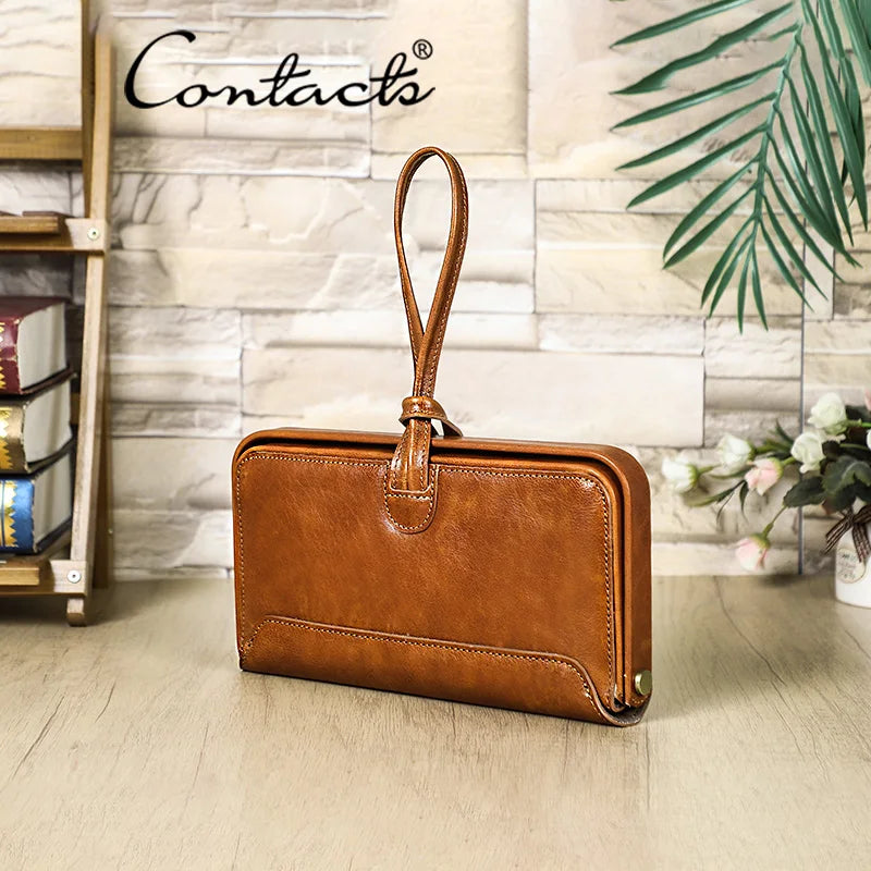 CONTACT'S Echtleder-Handgelenktasche, braune Clutch mit Metallrahmen und Trageschlaufe