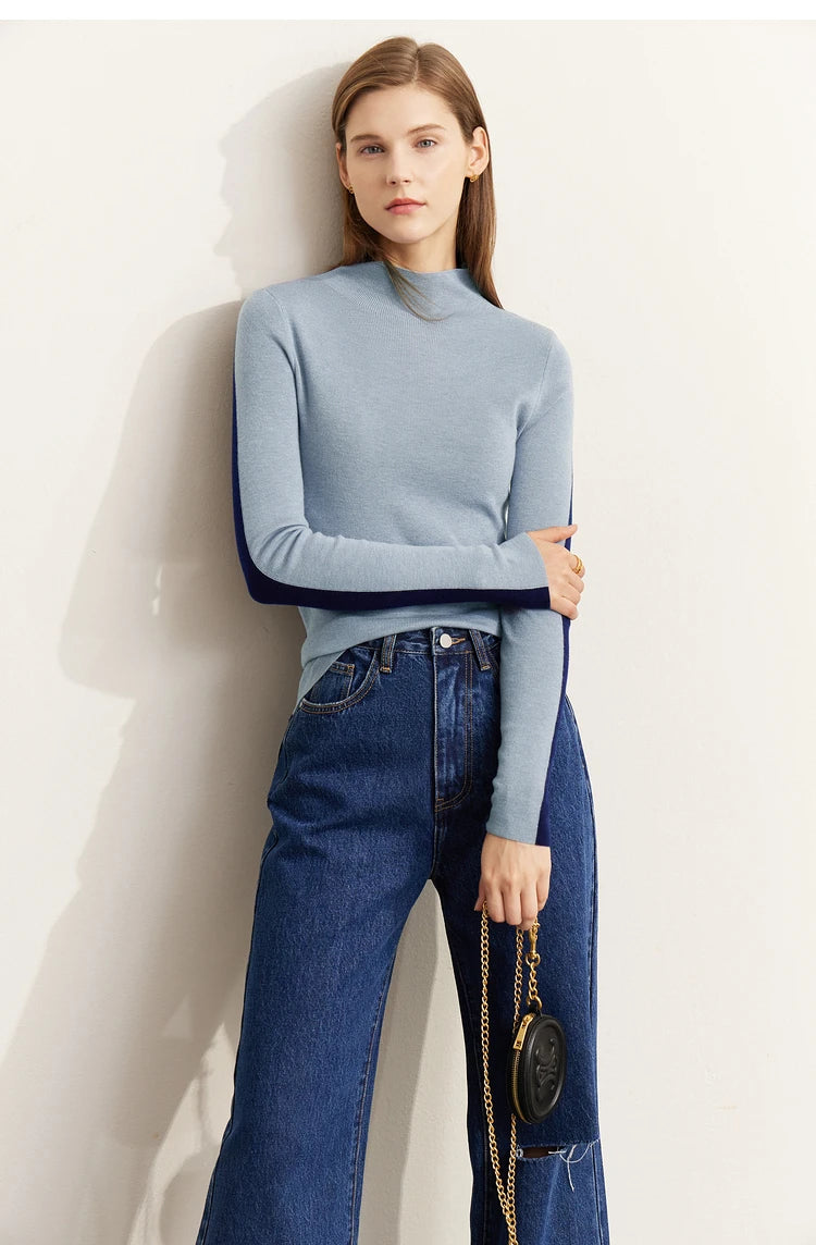 Damen-Halbrollkragen-Pullover Slim Patchwork Wolle-Mix Herbst-Winter