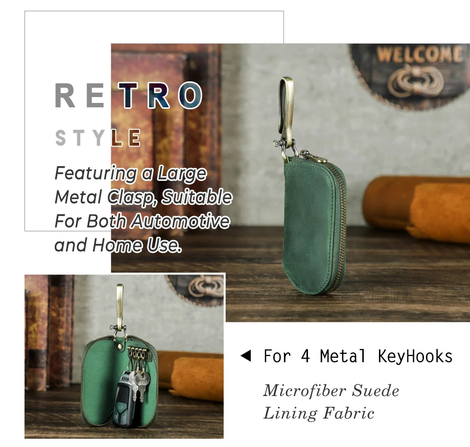 Schlüsseltasche aus Leder, dunkelgrün, Retro mit großem Metallklappverschluss