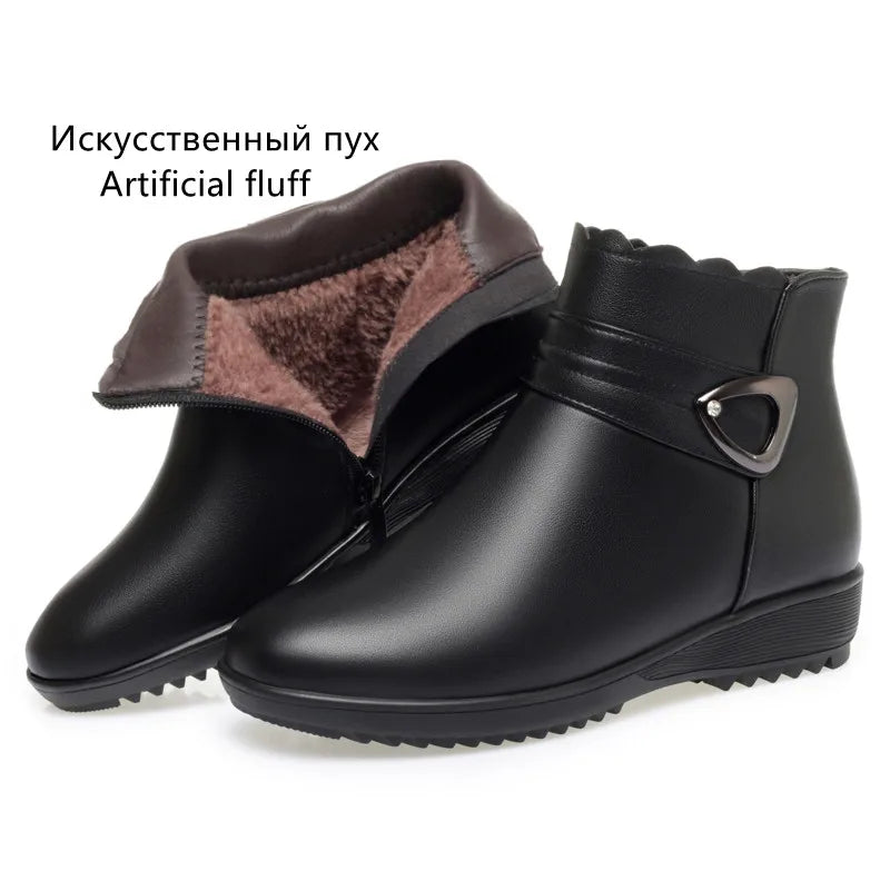Damen Schneestiefel aus echtem Leder mit rutschfestem flachem Boden