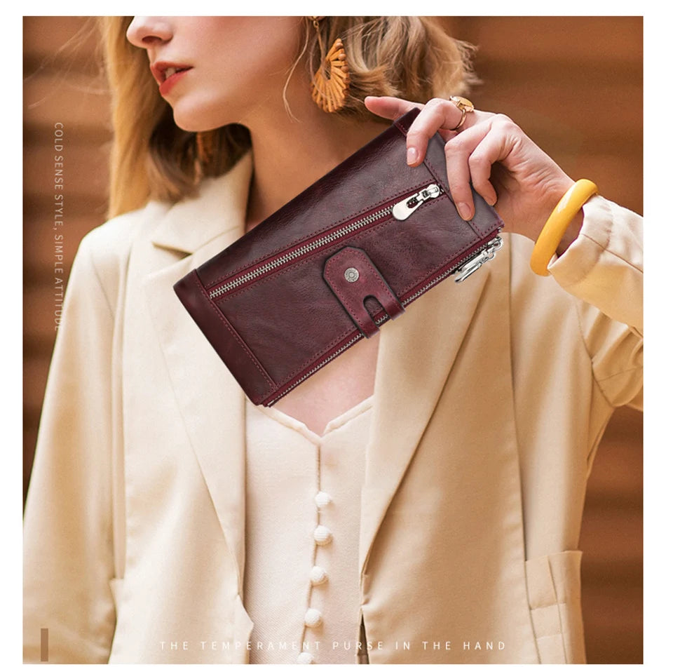 Damen Echtleder Lange Geldbörse Vintage Clutch Reißverschluss Handytasche Kartenhalter
