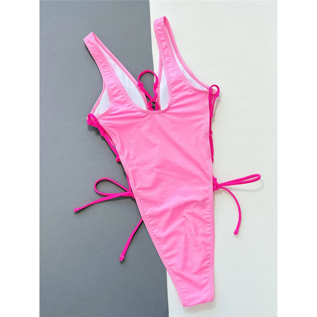 Damen-Badeanzug tiefer V-Ausschnitt Schnurdetail Wickel High-Leg