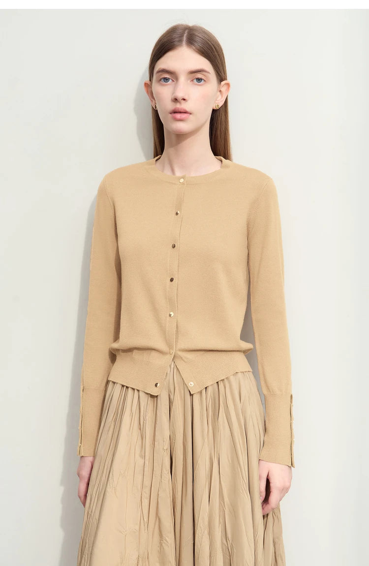Damen-Strickjacke Rundhals Wolle Metallknopf französisch Büro Frühling