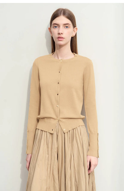 Damen-Strickjacke Rundhals Wolle Metallknopf französisch Büro Frühling