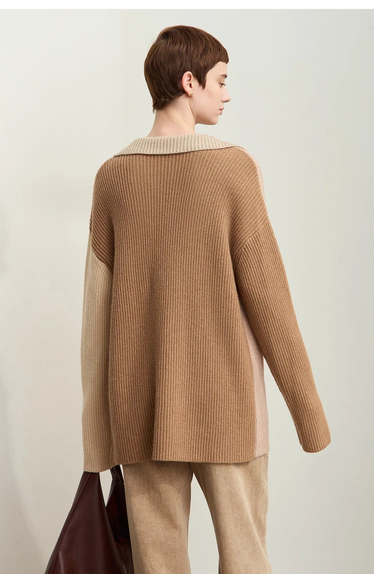 Damen V-Ausschnitt Pullover Patchwork Raglan locker Herbst-Winter