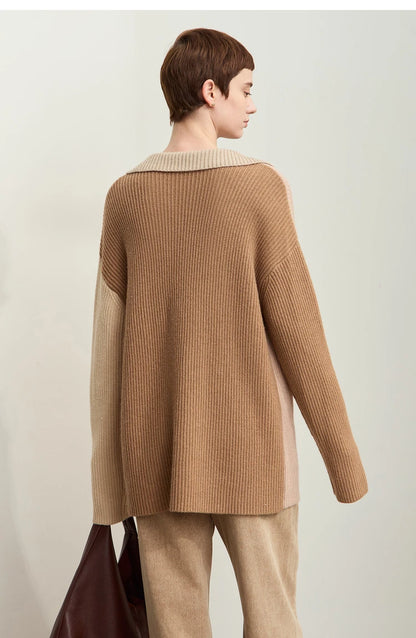 Damen V-Ausschnitt Pullover Patchwork Raglan locker Herbst-Winter