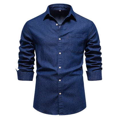 Herren Hemd aus Baumwolle im einfarbigen Denim-Look mit Tasche