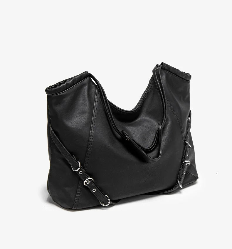 Damen-Schultertasche aus weichem PU mit verstellbaren Schnallenriemen und großem Fassungsvermögen dunkelgrau