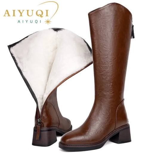 Damen-Winterstiefel aus Leder mit Wollfutter, braun, seitlicher Absatz, Reißverschluss hinten