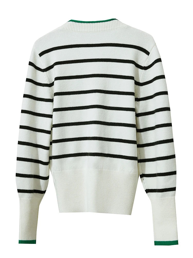 Damen-Strickjacke Streifen V-Ausschnitt locker Wolle Herbst-Winter