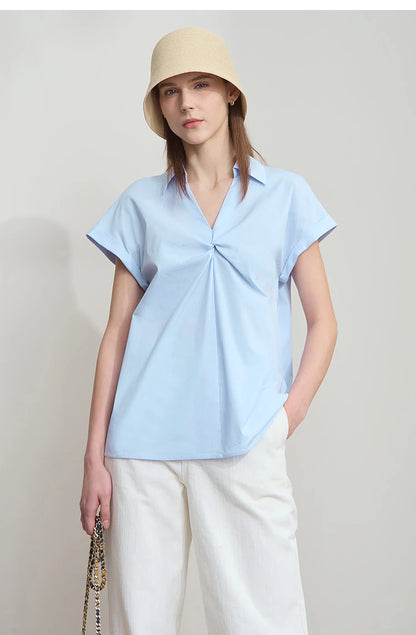 Damen Bluse im minimalistischen französischen Stil mit umlegekragen und gedrehten Falten