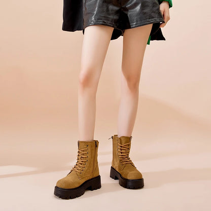Damenstiefel Senfgelb, Schnürung bis zum Knöchel, dicke Sohle für Winter und Schnee