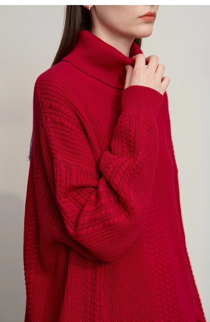 Damen-Rollkragenpullover Wolle lang locker Retro Winter