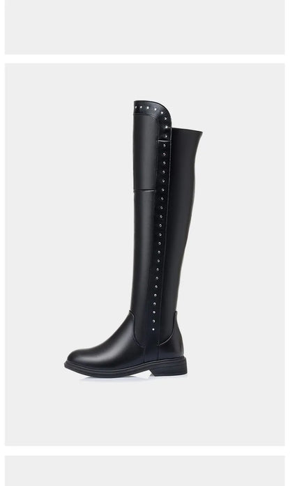 Over The Knee Boots Ladies Winter Wool Warm Genuine Leather Shiny Fashion Ladies Knee Boots Large Size Female Riding Boots