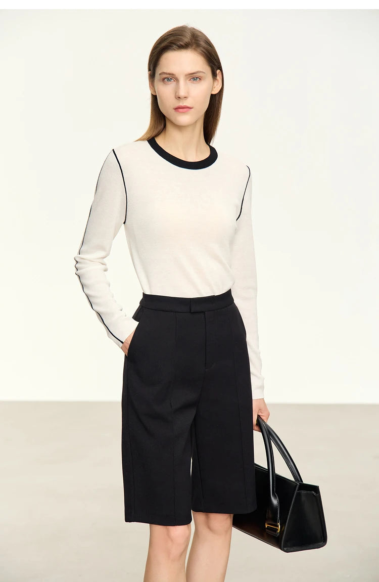 Damen-Rundhalspullover Patchwork Slim Wolle-Mix Herbst-Winter