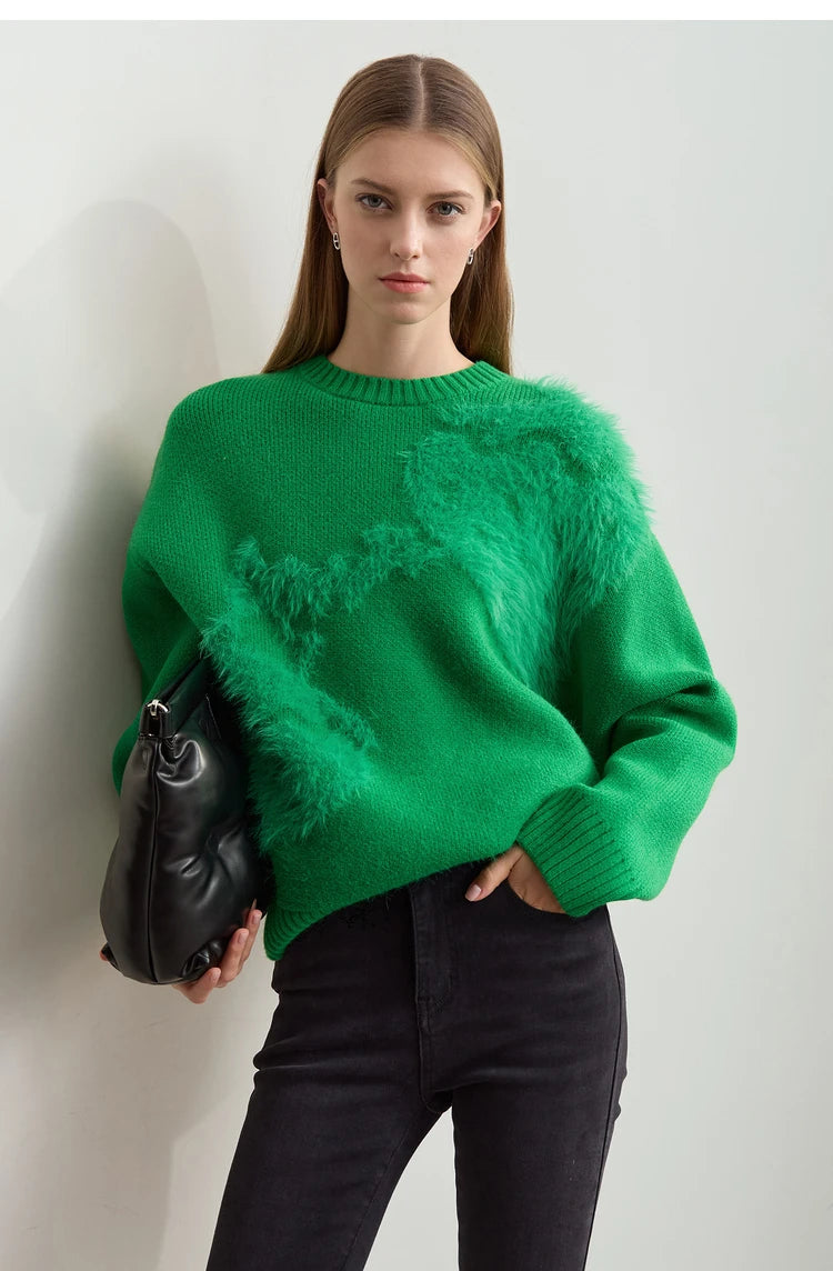 Damenpullover mit Rundhalsausschnitt, grünem Jacquard und flauschigen Struktureinsätzen