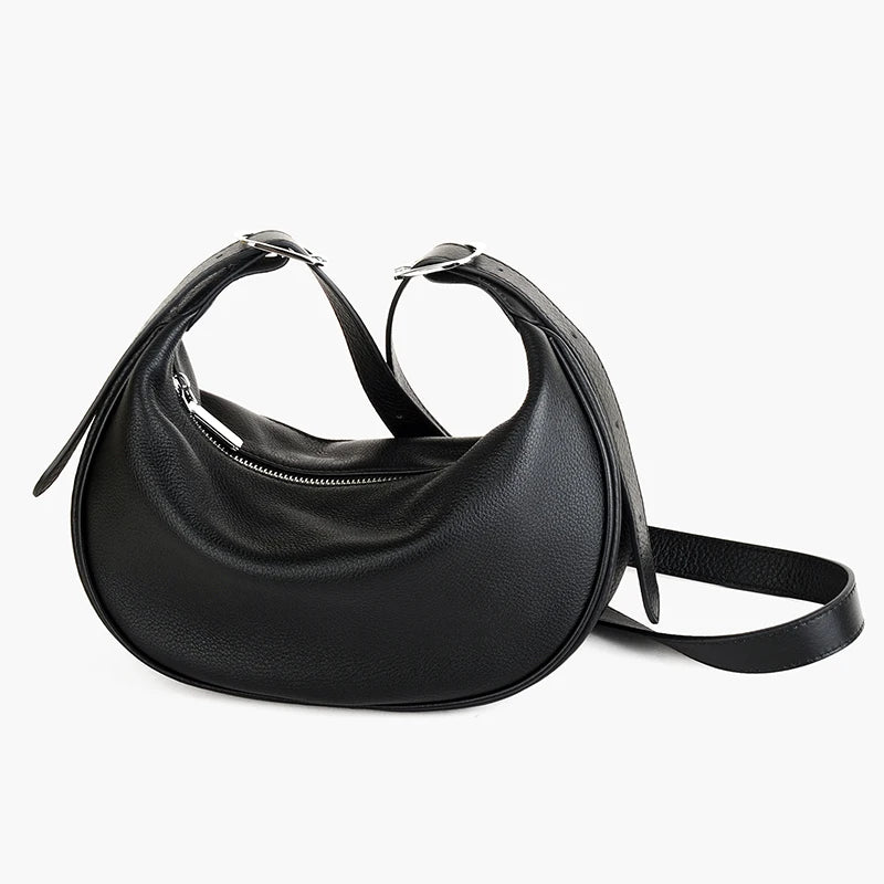 Damen Vollkornleder Hobo Tasche Schwarz | Halbmond-Crossbody