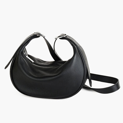 Damen Vollkornleder Hobo Tasche Schwarz | Halbmond-Crossbody