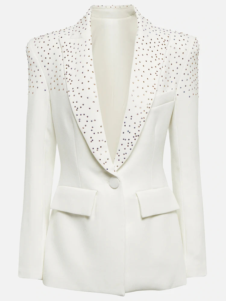 Damen-Blazer Slim Fit Einknopf Strass-Diamanten Perlen elegant