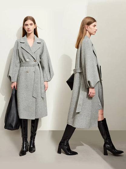 Damen Wollmantel aus 100 Prozent Wolle mit Gürtel und Laternenärmeln