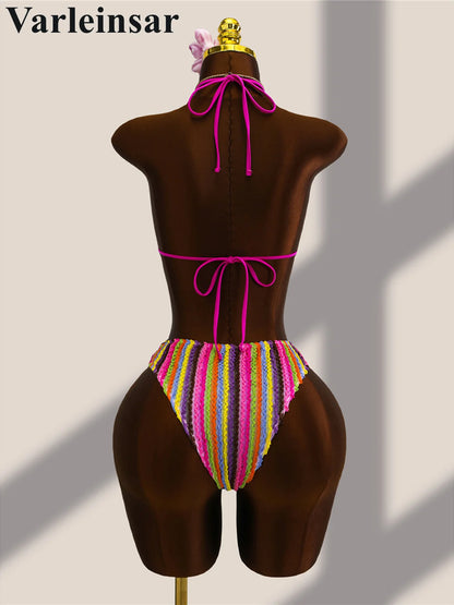Damen Badeanzug gestreift bunt Neckholder Cut-Out hoher Beinausschnitt Monokini