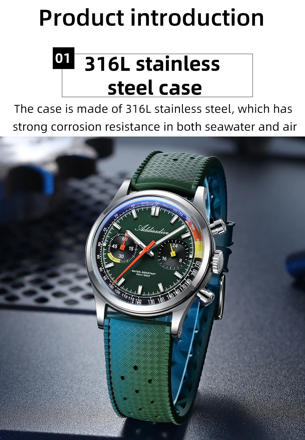 Herren-Chronograph mit VK64-Quarzwerk und Fluorkautschuk-Armband