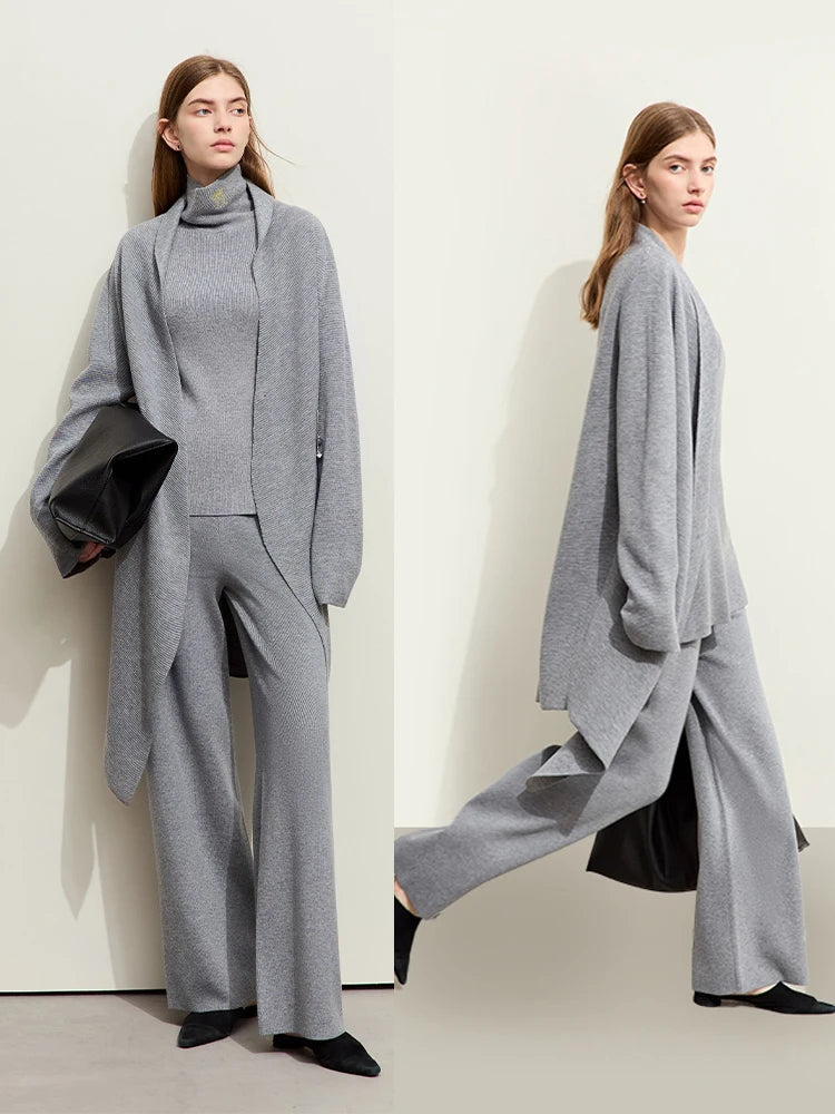 Damen-Strickjacke Wolle Umlegekragen lang locker Tasche Herbst
