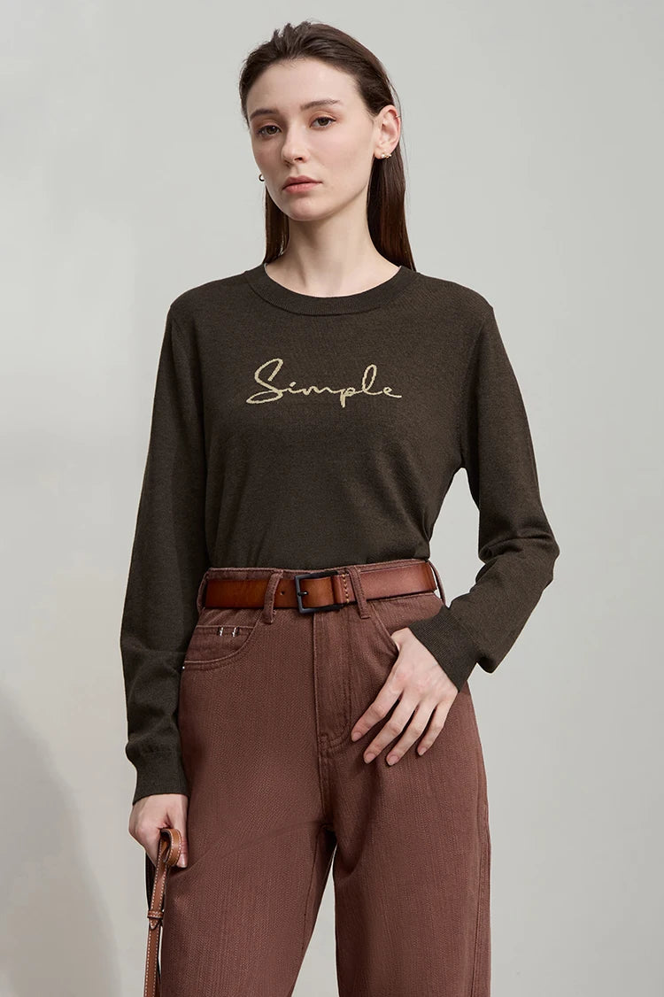 Langarm-T-Shirt für Damen, braun, Rundhalsausschnitt, gerader Schnitt, Schriftzug „Simple“