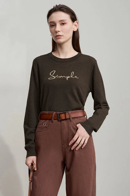 Langarm-T-Shirt für Damen, braun, Rundhalsausschnitt, gerader Schnitt, Schriftzug „Simple“