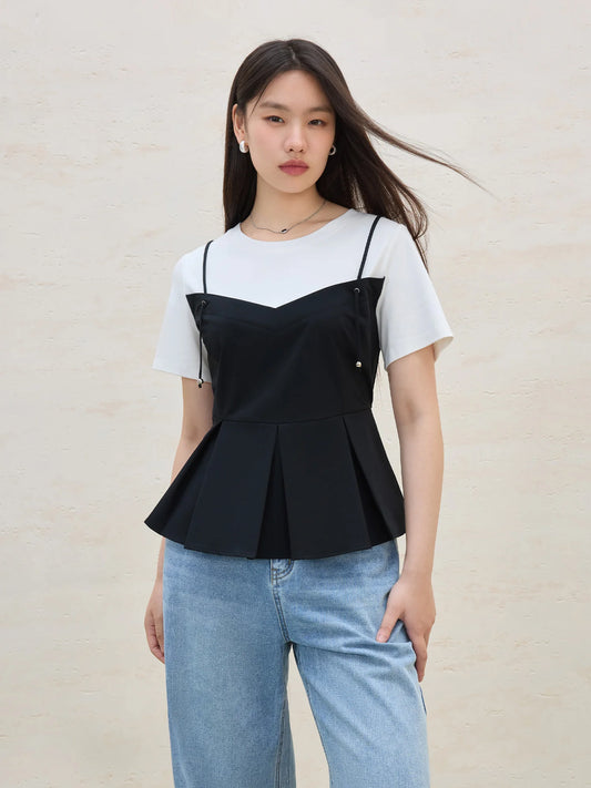 Damen-T-Shirt mit Fruchtprint und Kristalldesign – zweifarbiges, atmungsaktives Baumwollmischgewebe für lässigen Chic