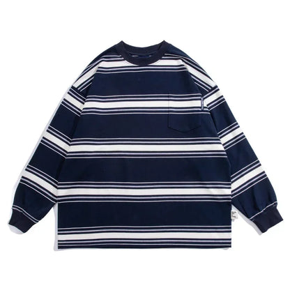 Herbst japanische Vintage gestreifte Crewneck Sweatshirts für Männer y2k Streetwear Langarm T-Shirts Frauen lässig Tasche Strick oberteile