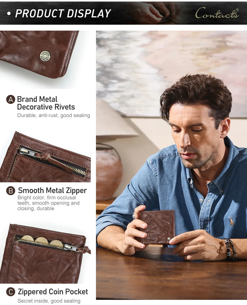 Herren Echtleder Geldbörse Vintage RFID Bifold Kurzgeldbörse 6 Kartenfächer Business