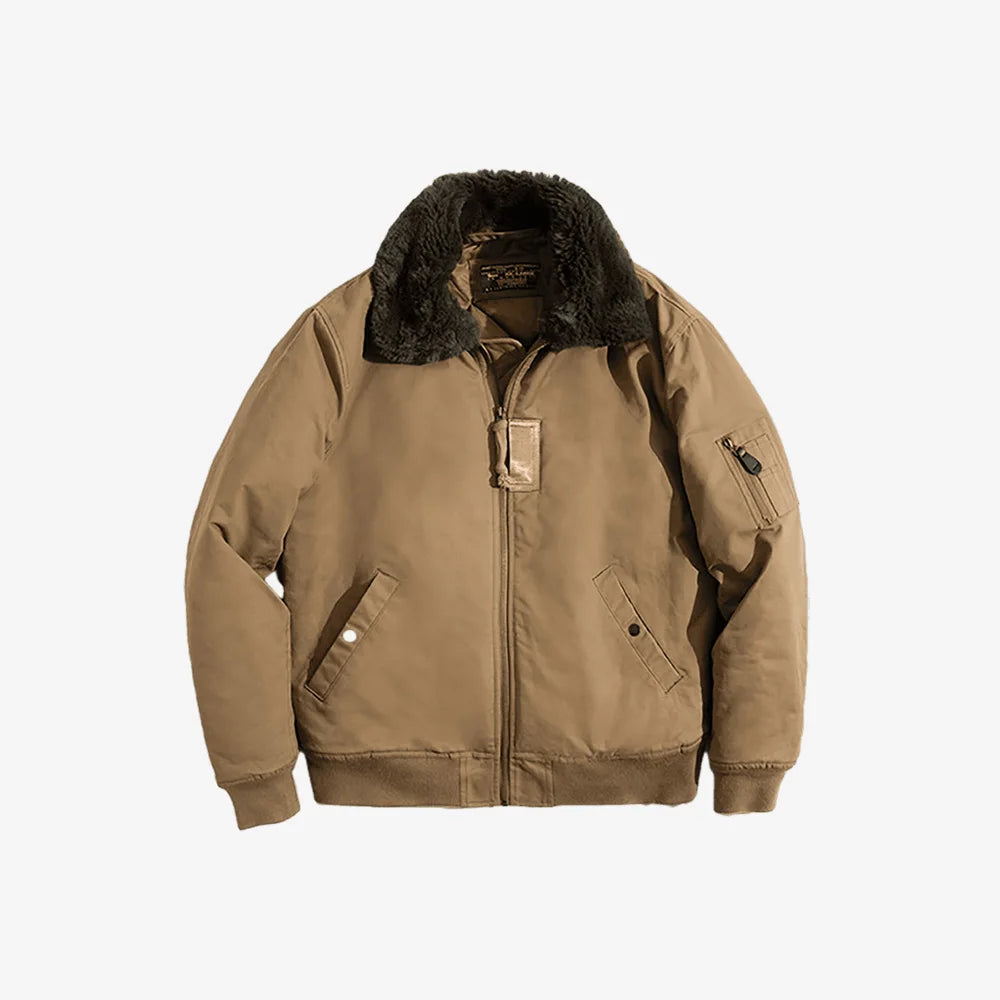 Herren Bomberjacke Vintage Kunstkaninchenfell Revers Signatur-Armtasche Winter